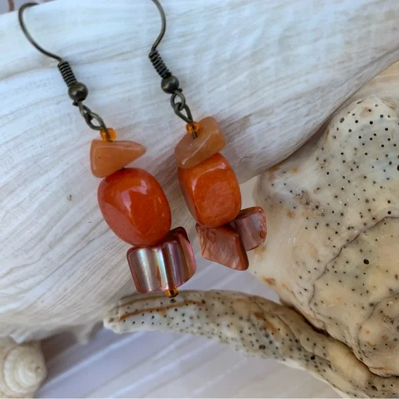 Drop Earrings Orange Tones Handcrafted Mixed Beads and Shell Materials Boho Chic - Picture 10 of 10